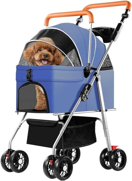 Pet Travel Stroller Dog Cat Pushchair Foldable 360° Wheels 15kg Blue