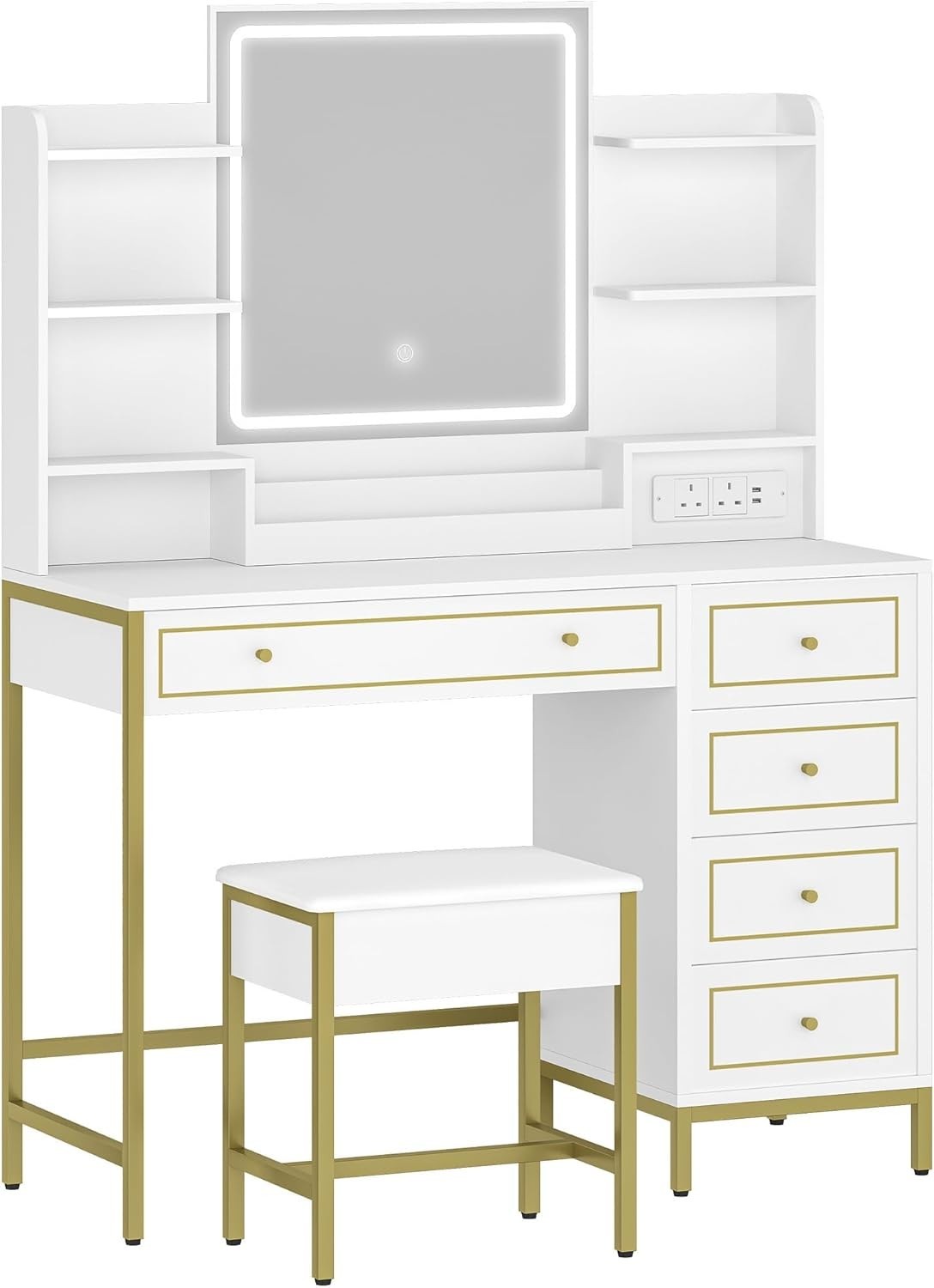 Luxury Dressing Table Vanity Makeup Desk Set w/ LED Mirror, 5 Drawers, Charging