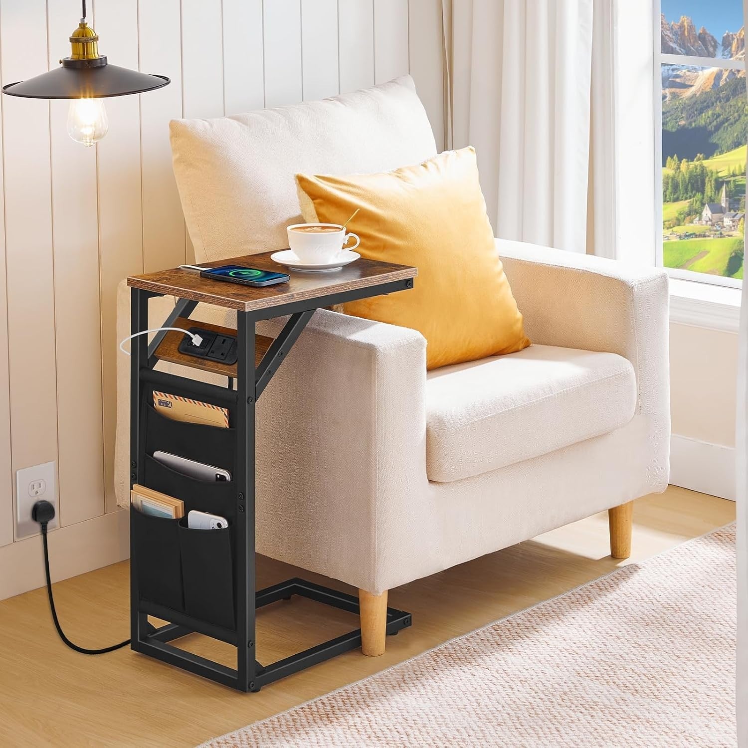 C Shaped Side Table with USB Charging, Storage Bag, Sofa Bed Laptop Stand