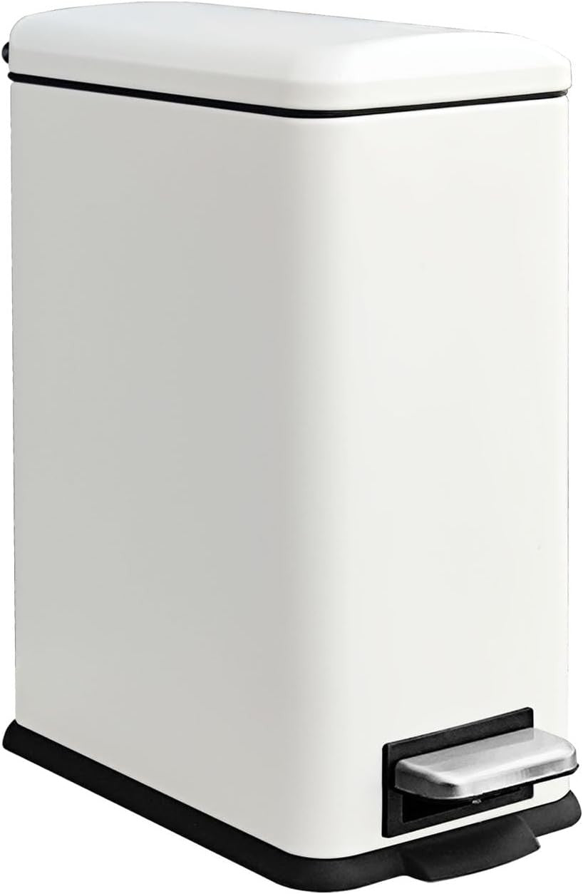 10L White Stainless Steel Pedal Bin Slim Bathroom Soft Close Lid