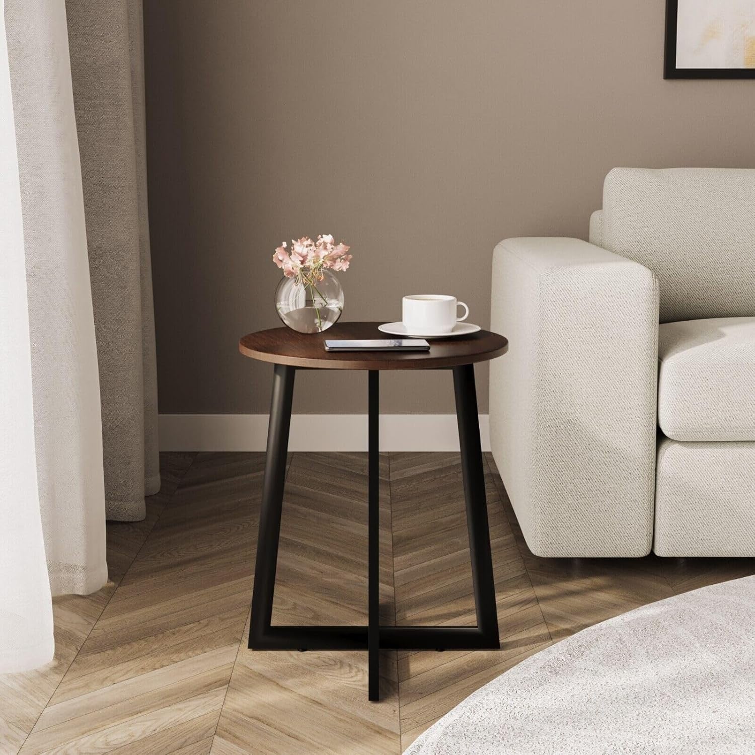 40cm Round Walnut Marble Look Coffee Side End Table Small Modern Steel Legs