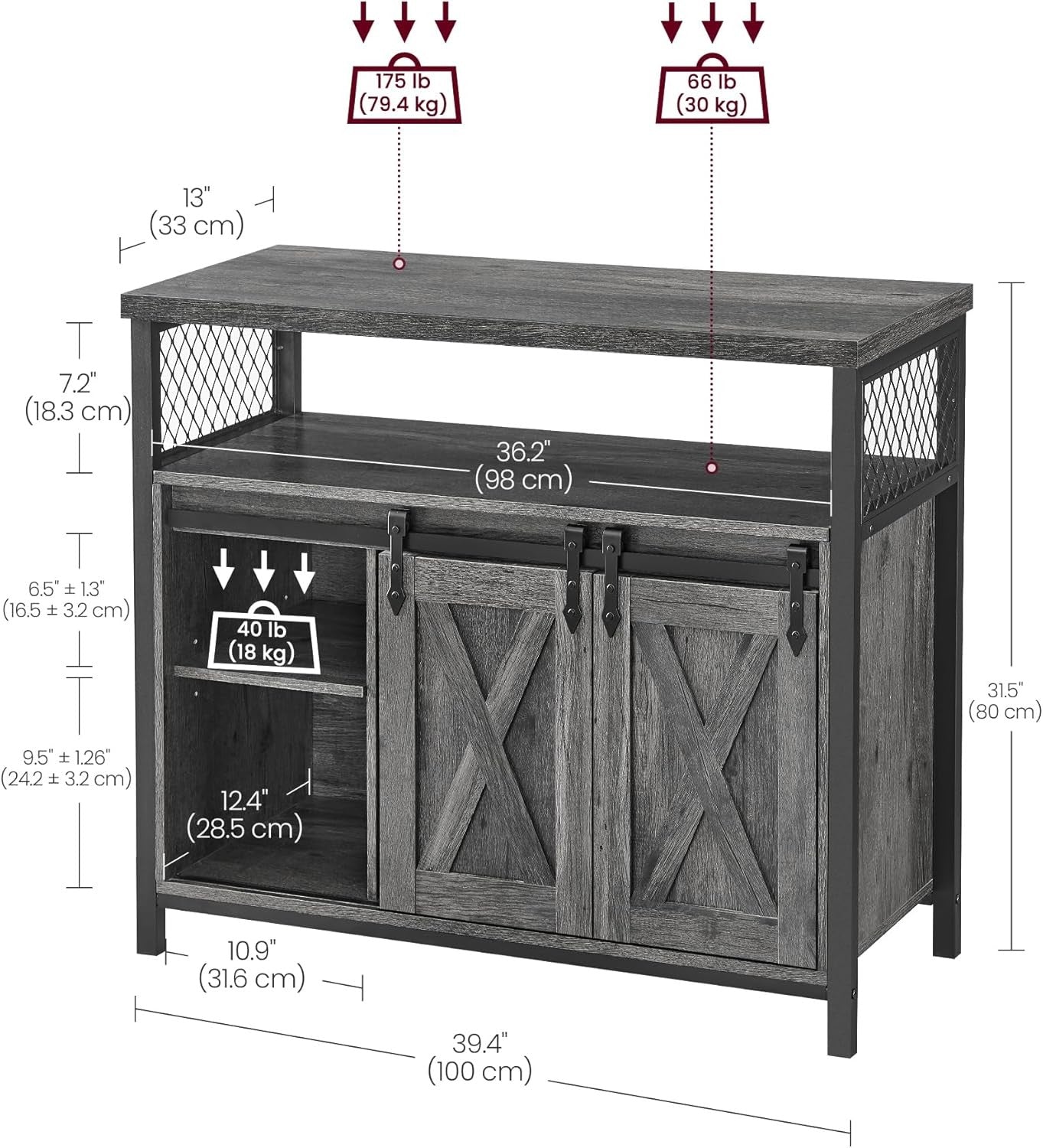 Charcoal Grey Industrial Sideboard Sliding Door Storage Cabinet