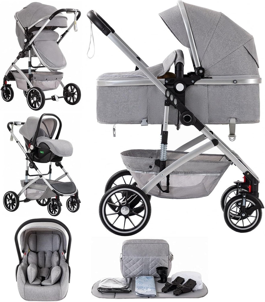 3 in 1 High Landscape Travel System Pram Pushchair Newborn–4Y Light Grey