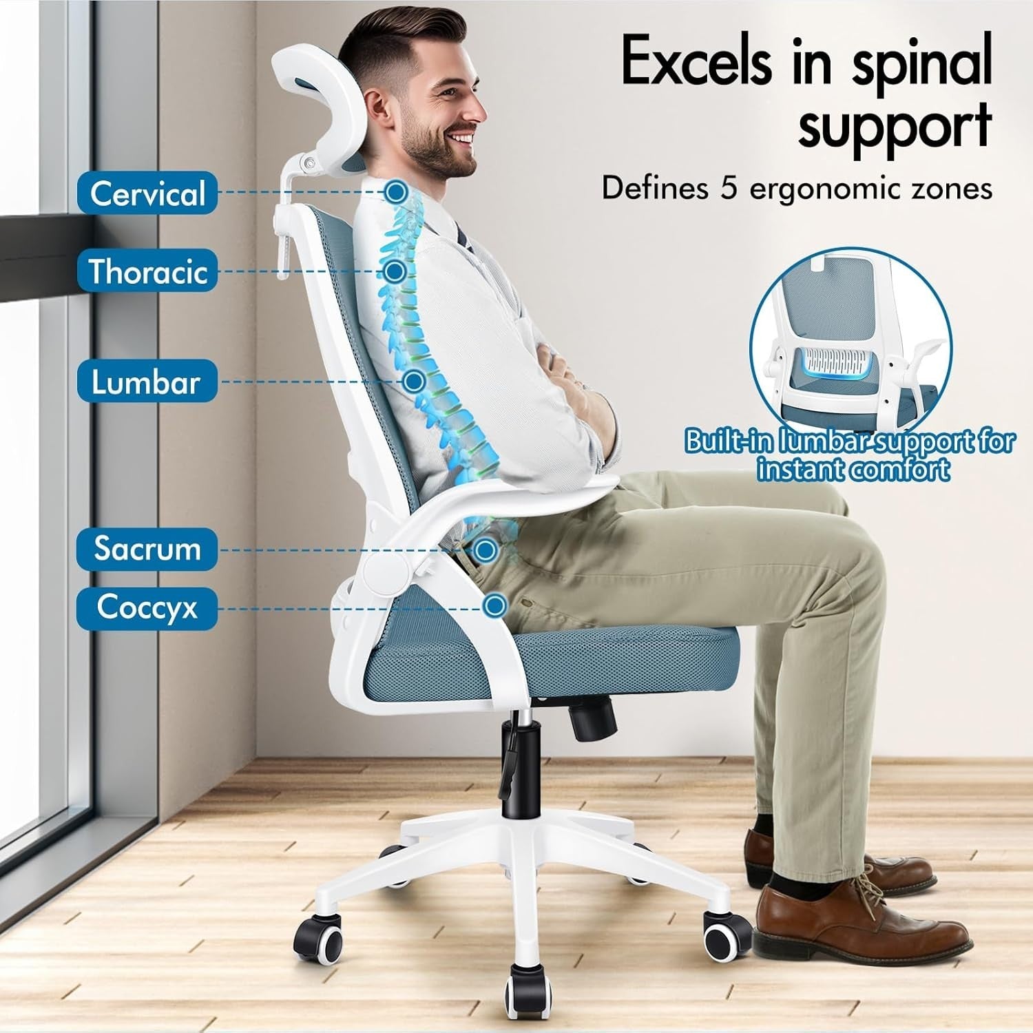 Ergonomic Mesh Office Chair Computer Desk Swivel Home Work Flip-Up Arms Blue