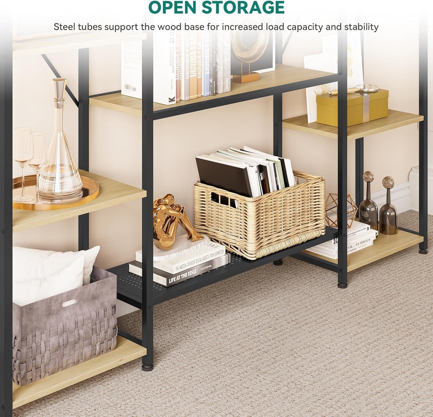 13 Shelf Industrial Bookcase Oak Metal & Wood Storage Display Rack