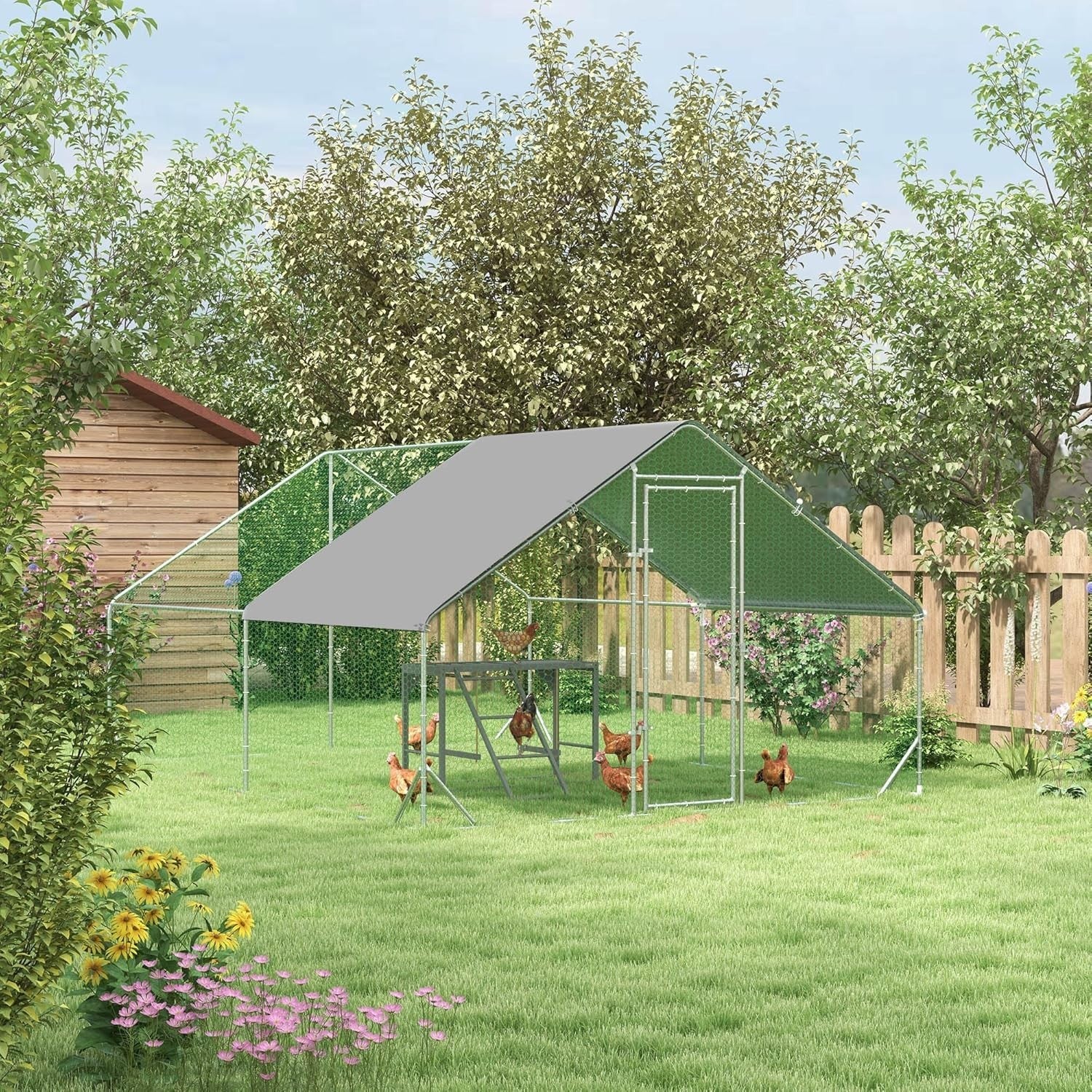 Walk In Chicken Run 3x4m Galvanised Coop with Cover & Shelf