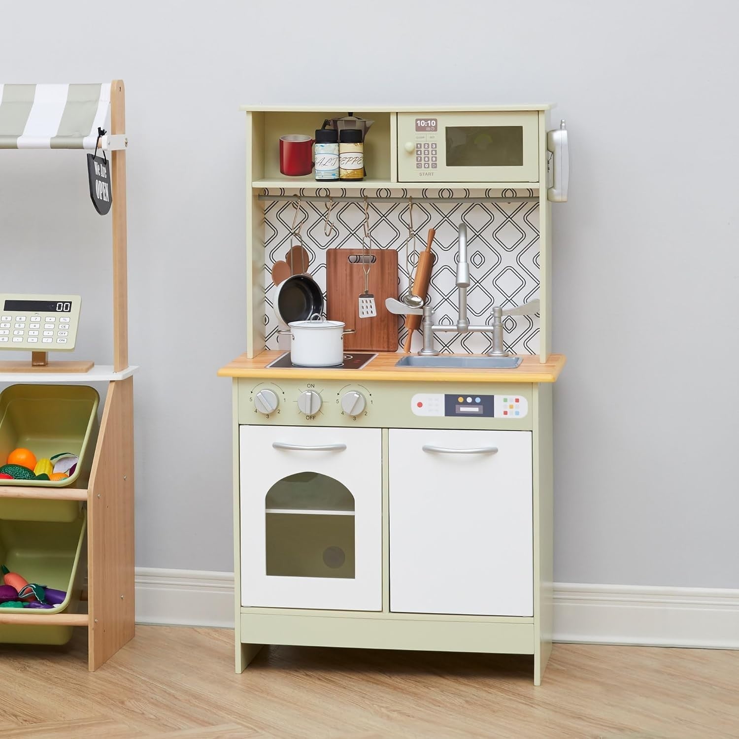 Farmhouse Kids Wooden Play Kitchen Green Pretend Cooking Toy