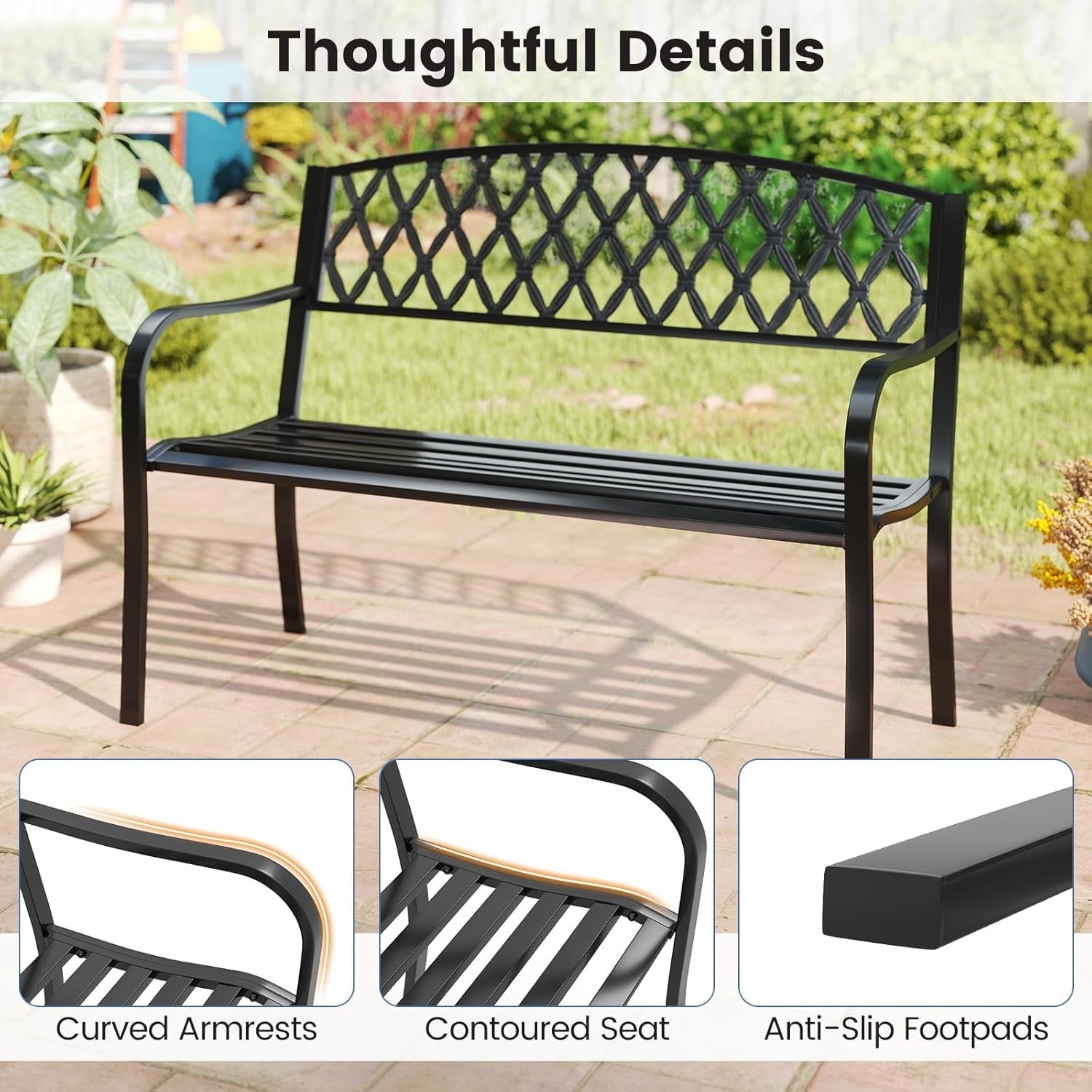 Metal Garden Bench 2-3 Seater Diamond Back Patio Seat