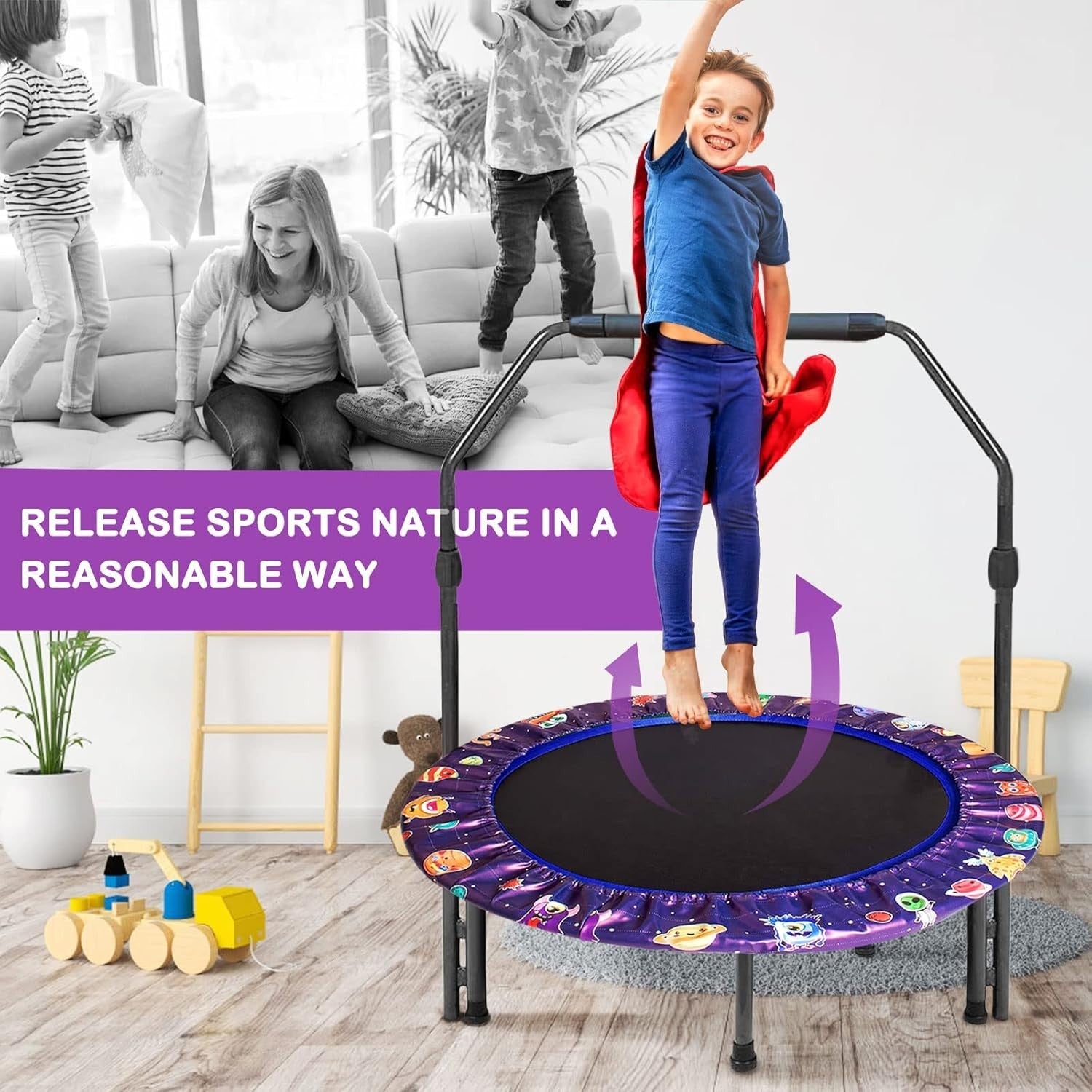 36 Inch Kids Trampoline Adjustable Handle Foldable Indoor Outdoor Bungee