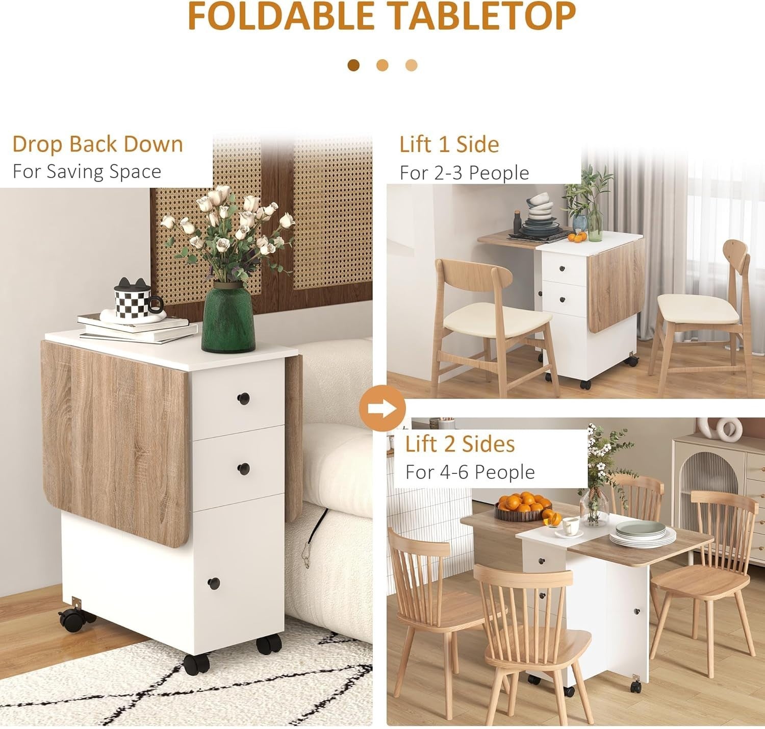 Folding Drop Leaf Dining Table 4-6 Seater on Wheels with Storage Oak and White