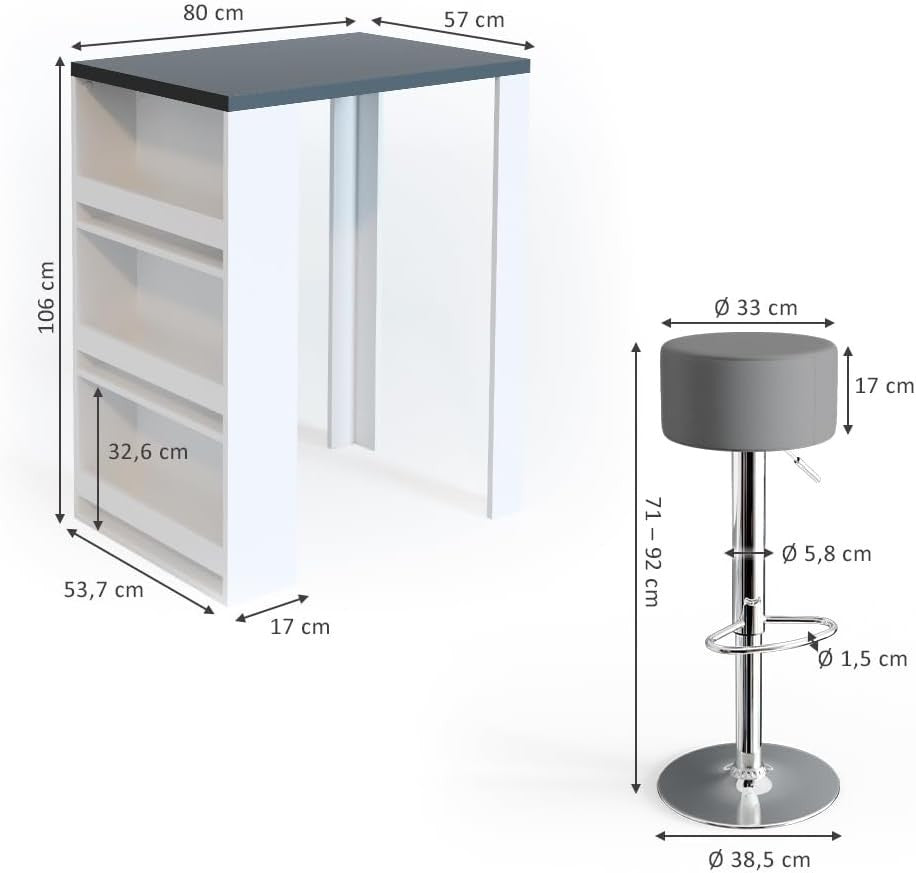 Bar Table Set with 2 Swivel Stools & Storage Shelves Anthracite White Modern