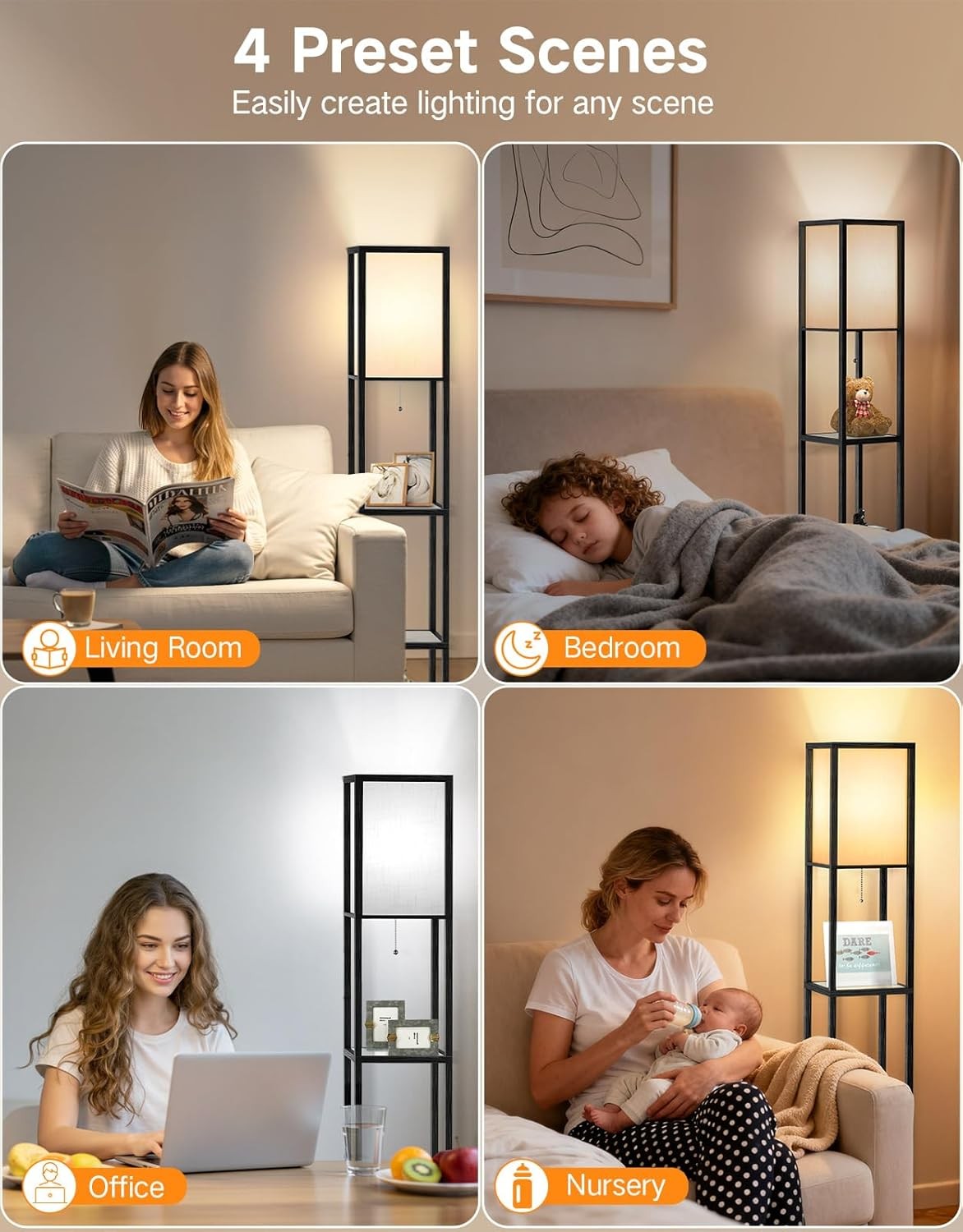 Floor Lamp with Shelves LED Adjustable Colour Standing Storage Light Black