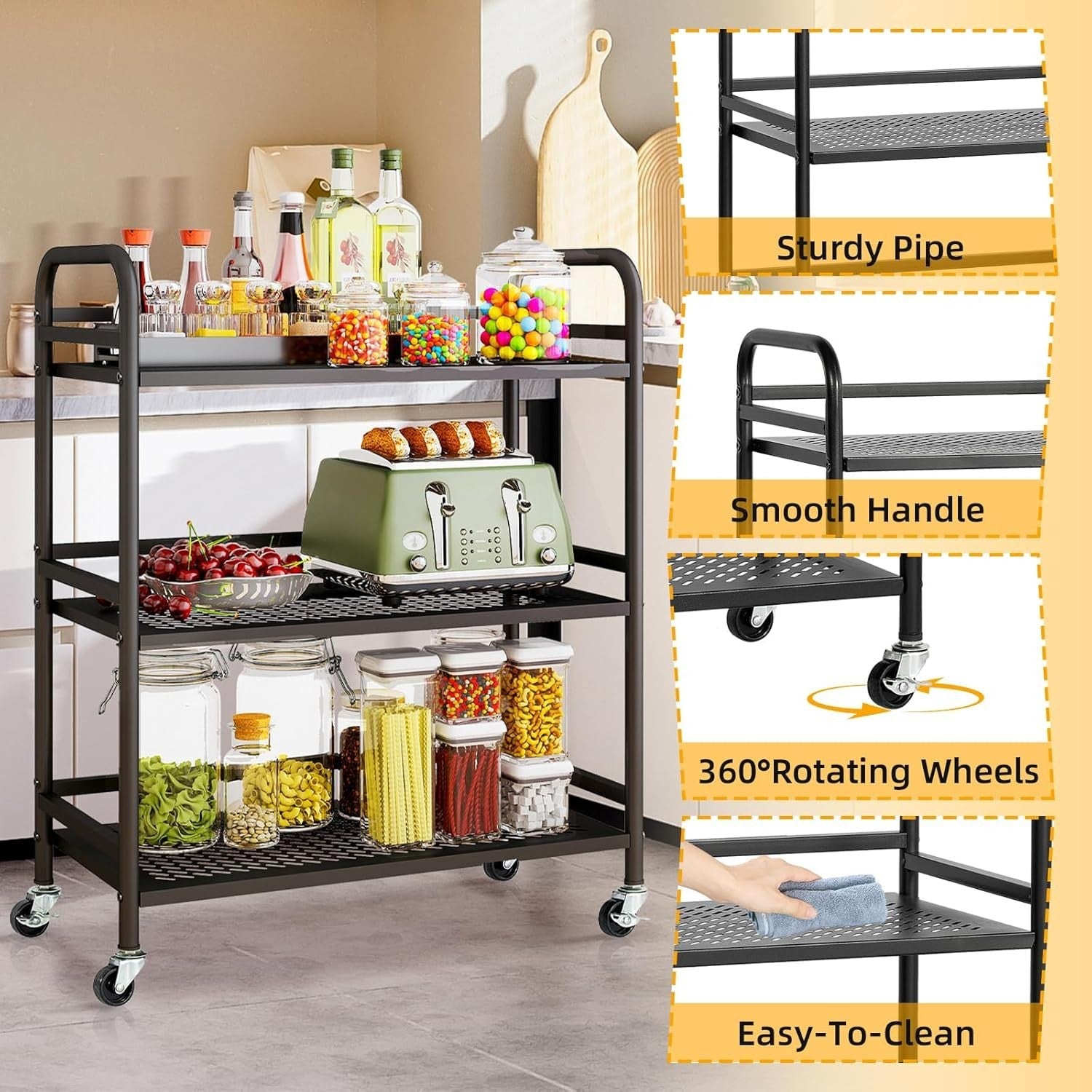 3 Tier Heavy Duty Rolling Cart Metal Storage Trolley Lockable Wheels