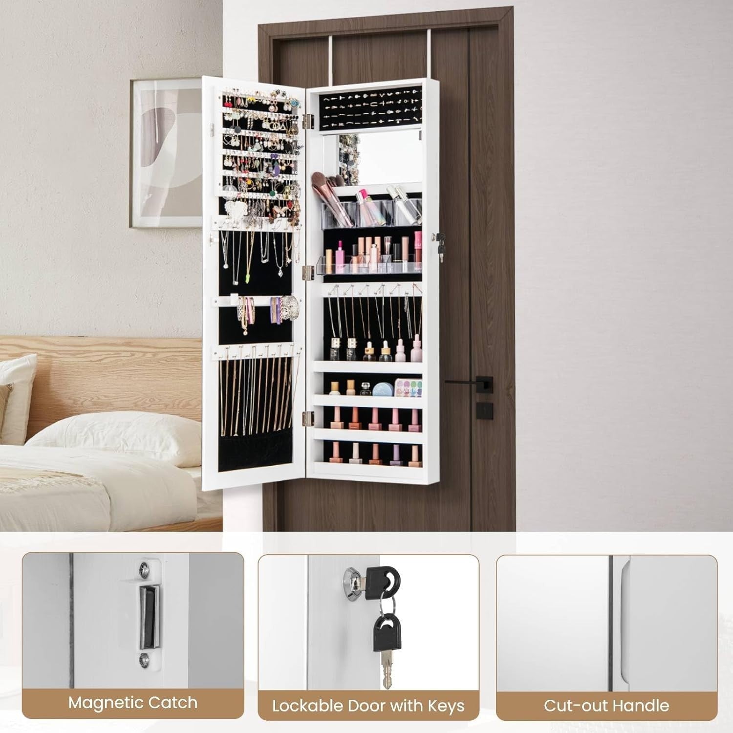 White Mirrored Jewelry Cabinet Wall Mounted Lockable Slim Storage Organizer