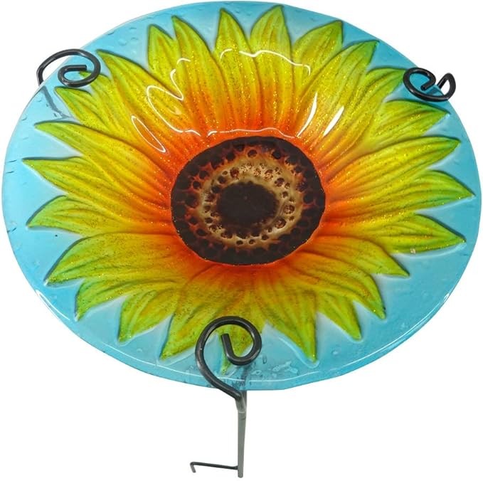 28" Glass Bird Bath Garden Stake – Chrysanthemum Design Outdoor Feeder