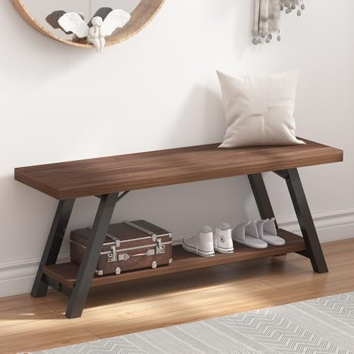 Walnut Industrial Entryway Storage Bench Metal Frame Shoe Rack Seat for Hallway