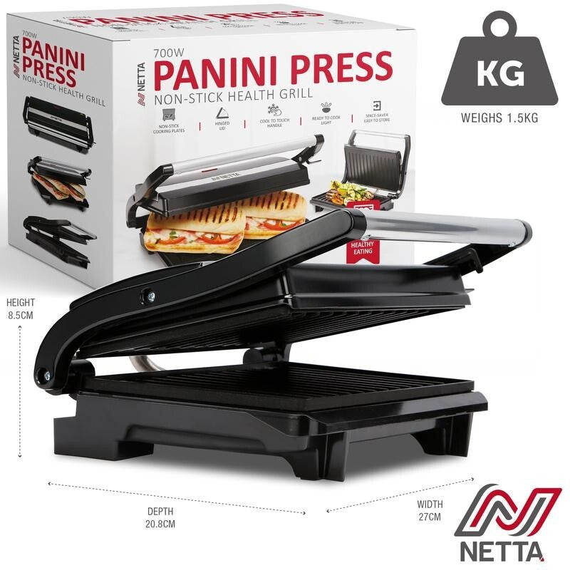 700W Non-Stick 2 Slice Panini Press Sandwich Toastie Maker Grill Black