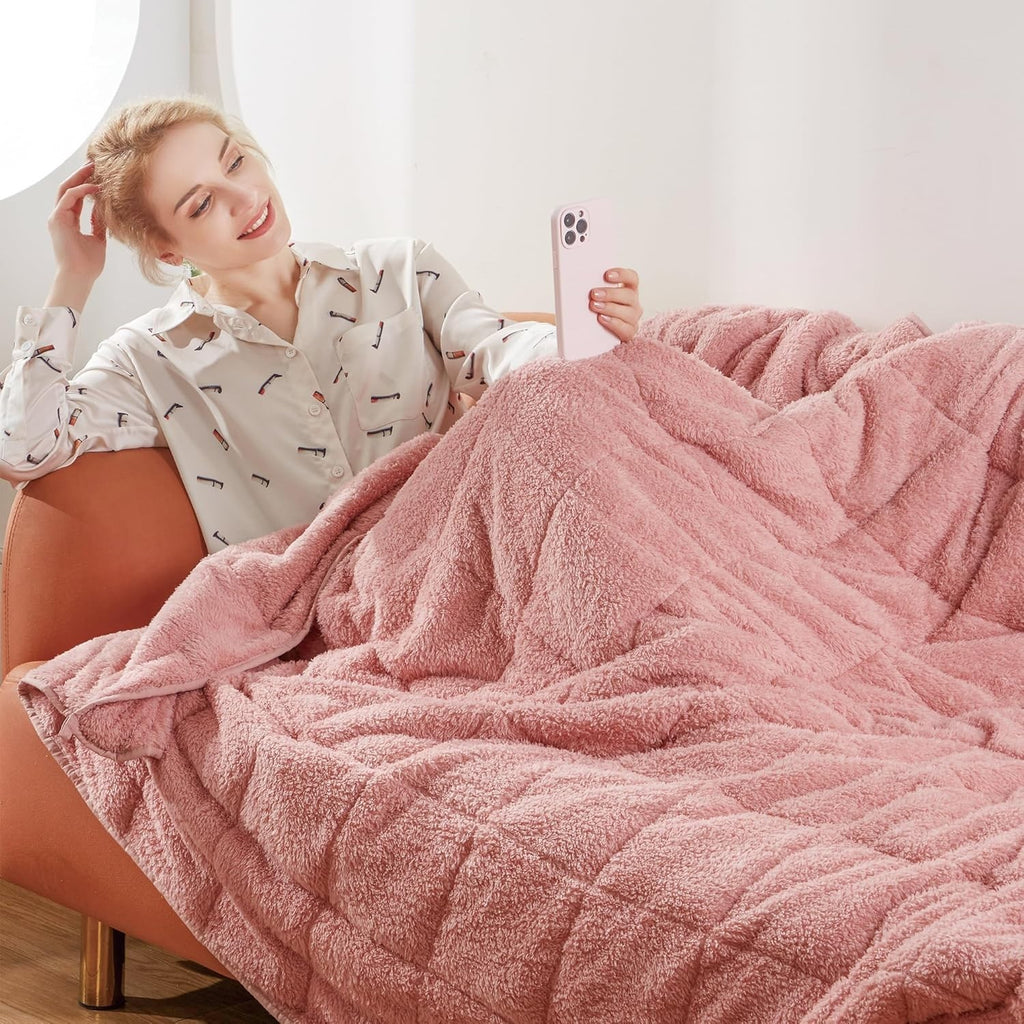 8kg Weighted Blanket, Blush Pink Teddy Fleece Quilted 150x200cm Anxiety Relief