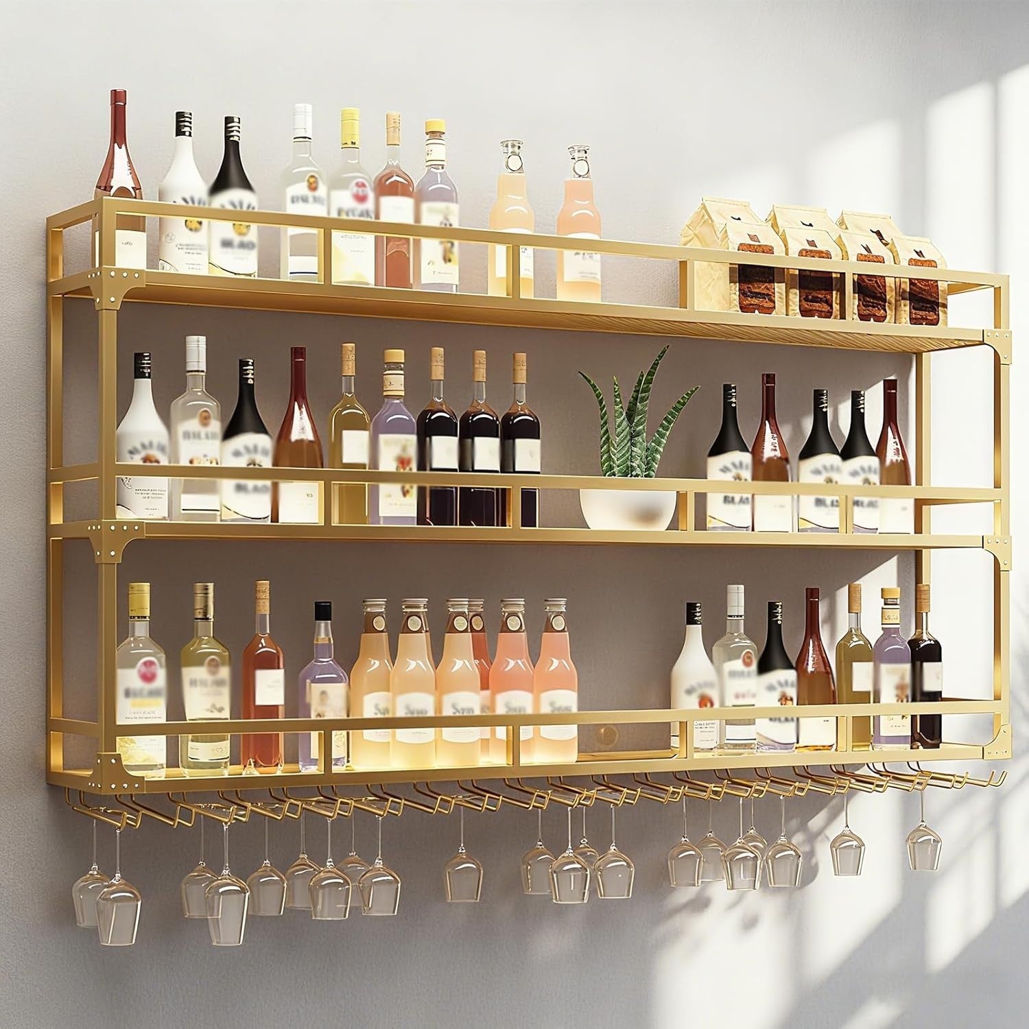 Wall Mounted Wine Rack With Glass Holder Bar Bottle Shelf Gold Metal 180x25x90cm