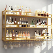 Wall Mounted Wine Rack With Glass Holder Bar Bottle Shelf Gold Metal 180x25x90cm
