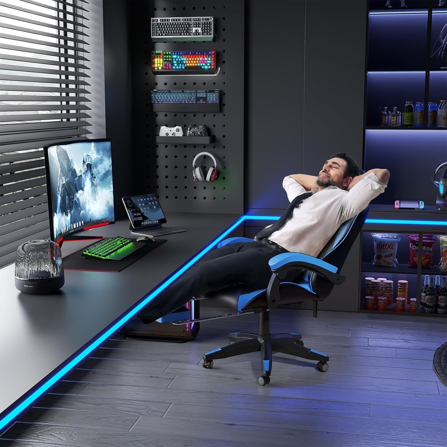 Blue LED Gaming Chair Recliner High Back Faux Leather PC Office Computer Seat