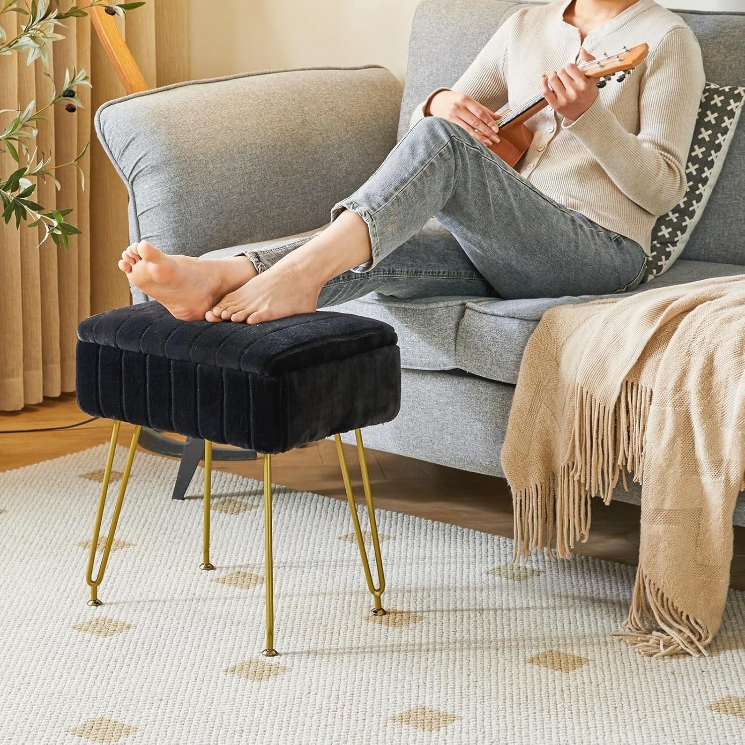 Black Faux Fur Storage Footstool – Modern Vanity Stool with Metal Legs