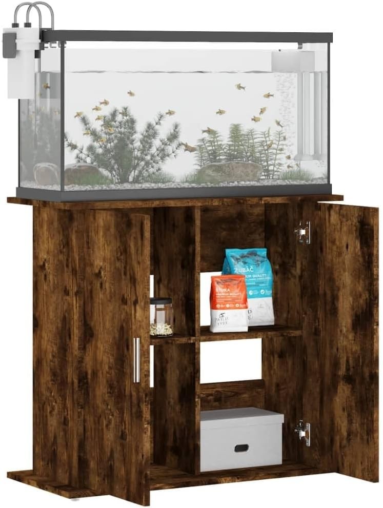Rustic Fish Tank Stand with Storage – Smoked Oak Wood Cabinet Unit 81cm