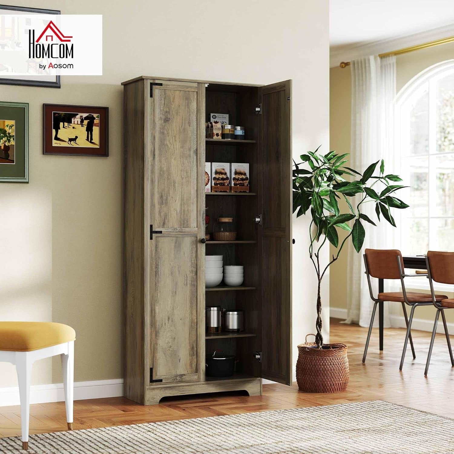 Farmhouse Tall Kitchen Cupboard Grey Wood Storage Cabinet Adjustable