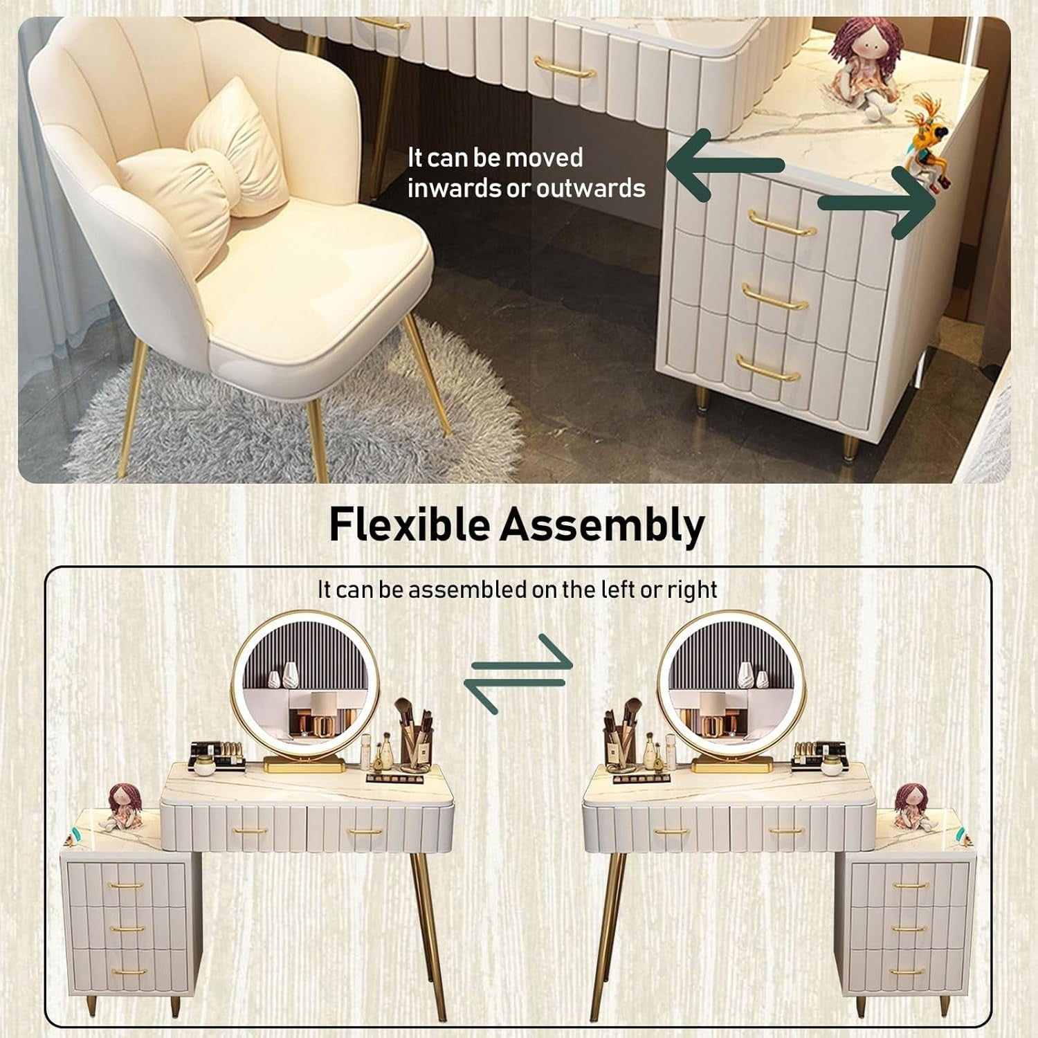 Modern Dresser & Nightstand Set, 5 Drawer Storage, Makeup Mirror LED Light, Bedr
