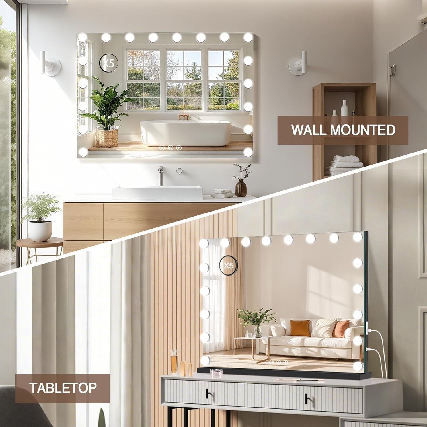 Vanity Makeup Mirror with LED Lights, USB Port, Smart Touch, 80x60cm