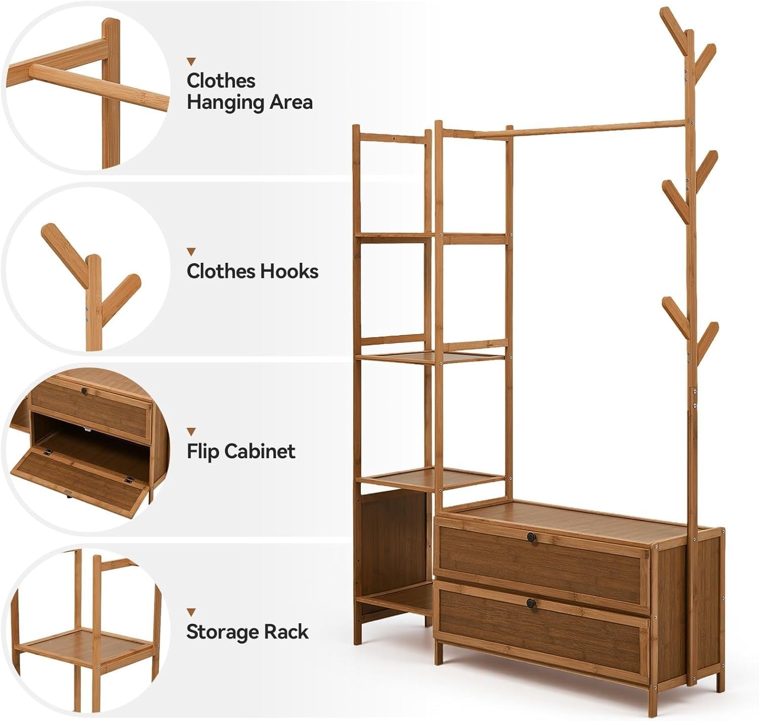 Bamboo Clothes Rail with Shelves & Hooks, Tea Wardrobe
