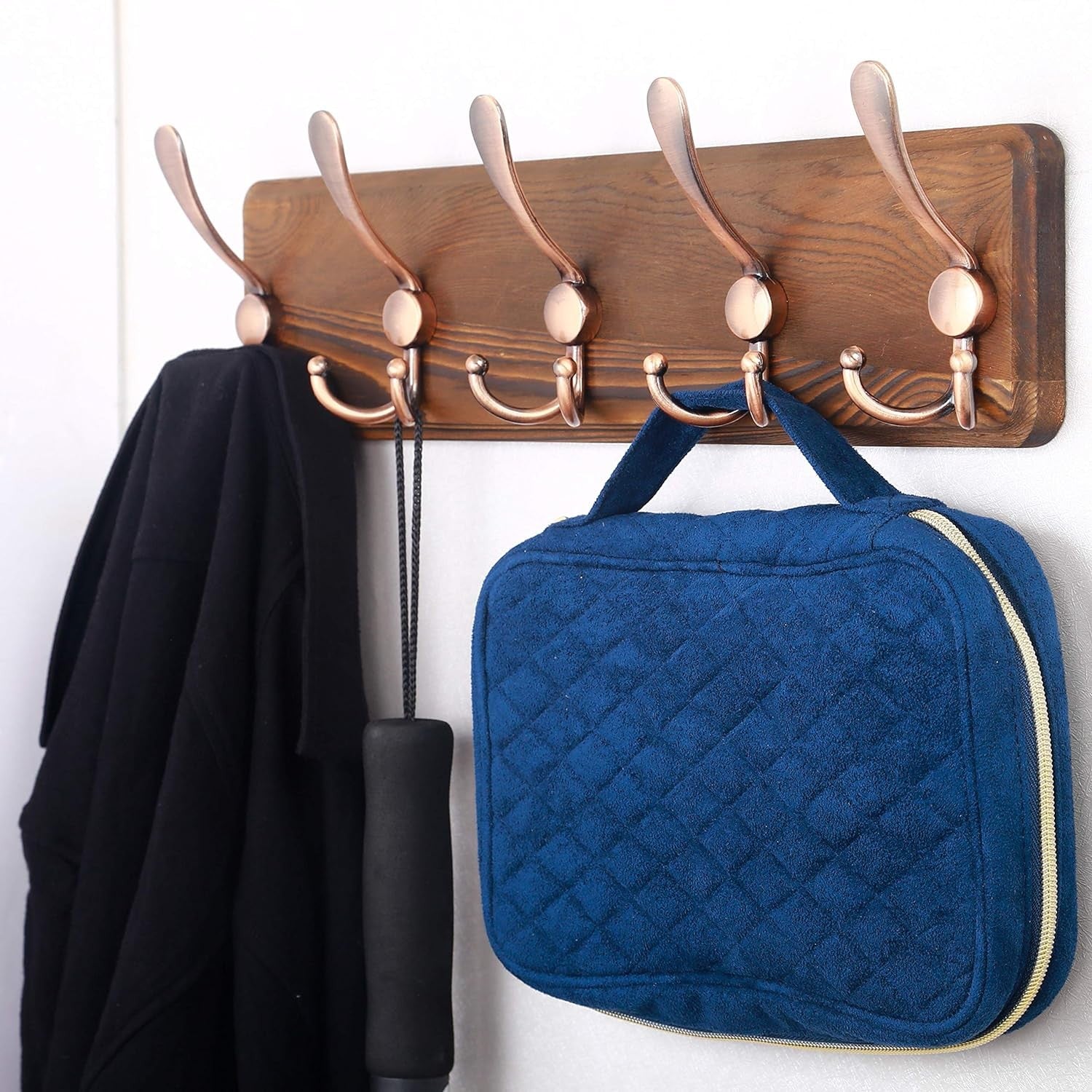 Set of 2 Brown Wooden Wall Coat Racks | Rustic 5 Triple Hooks Heavy Duty Organiz