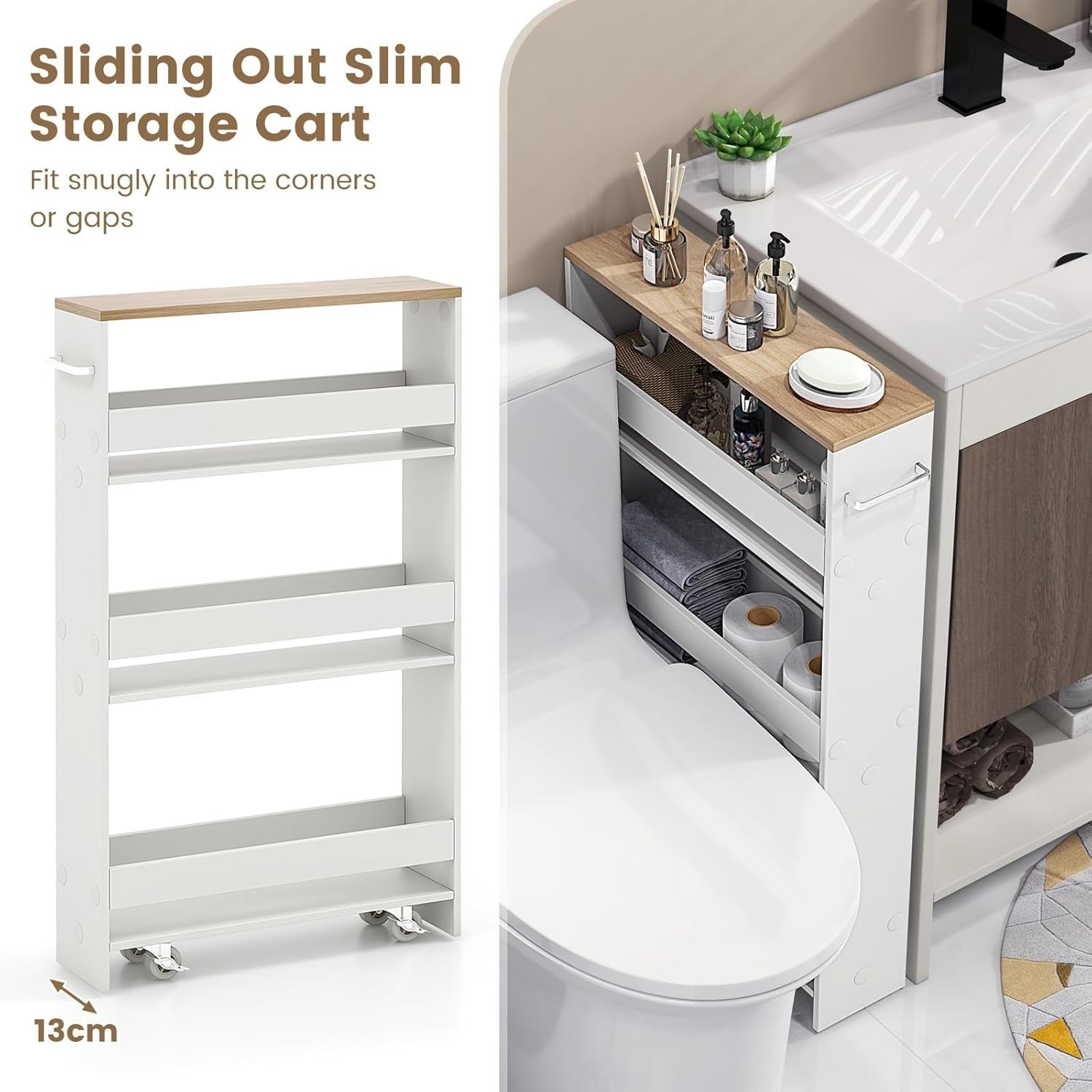 Slim 4 Tier Rolling Storage Trolley Narrow Kitchen Cart White Natural