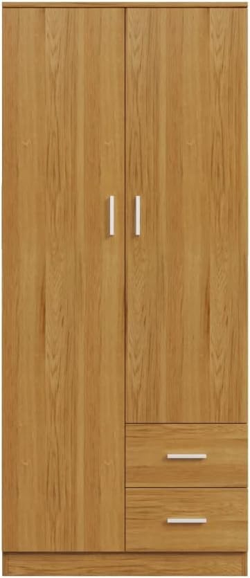 Oak 2 Door Wardrobe with 2 Drawers Bedroom Storage Cupboard Lockable