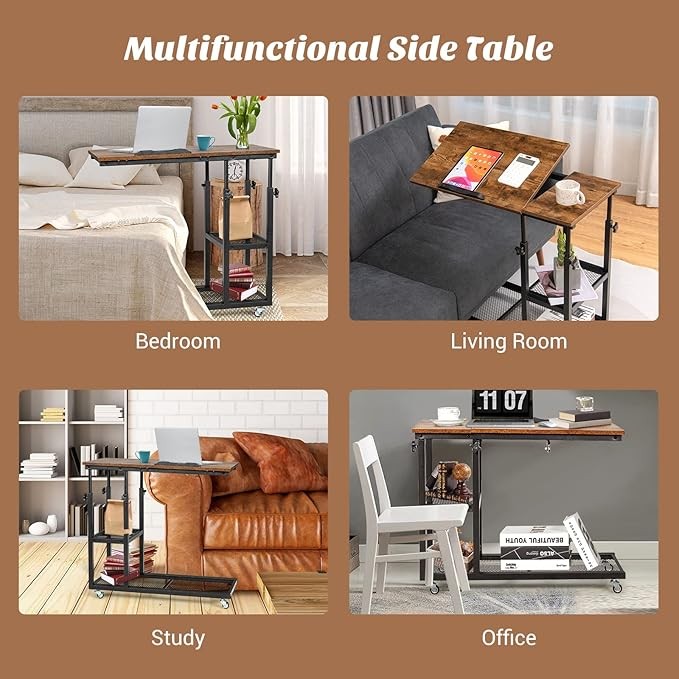 Rolling Sofa End Table Adjustable Laptop Desk Wheels Storage Rustic