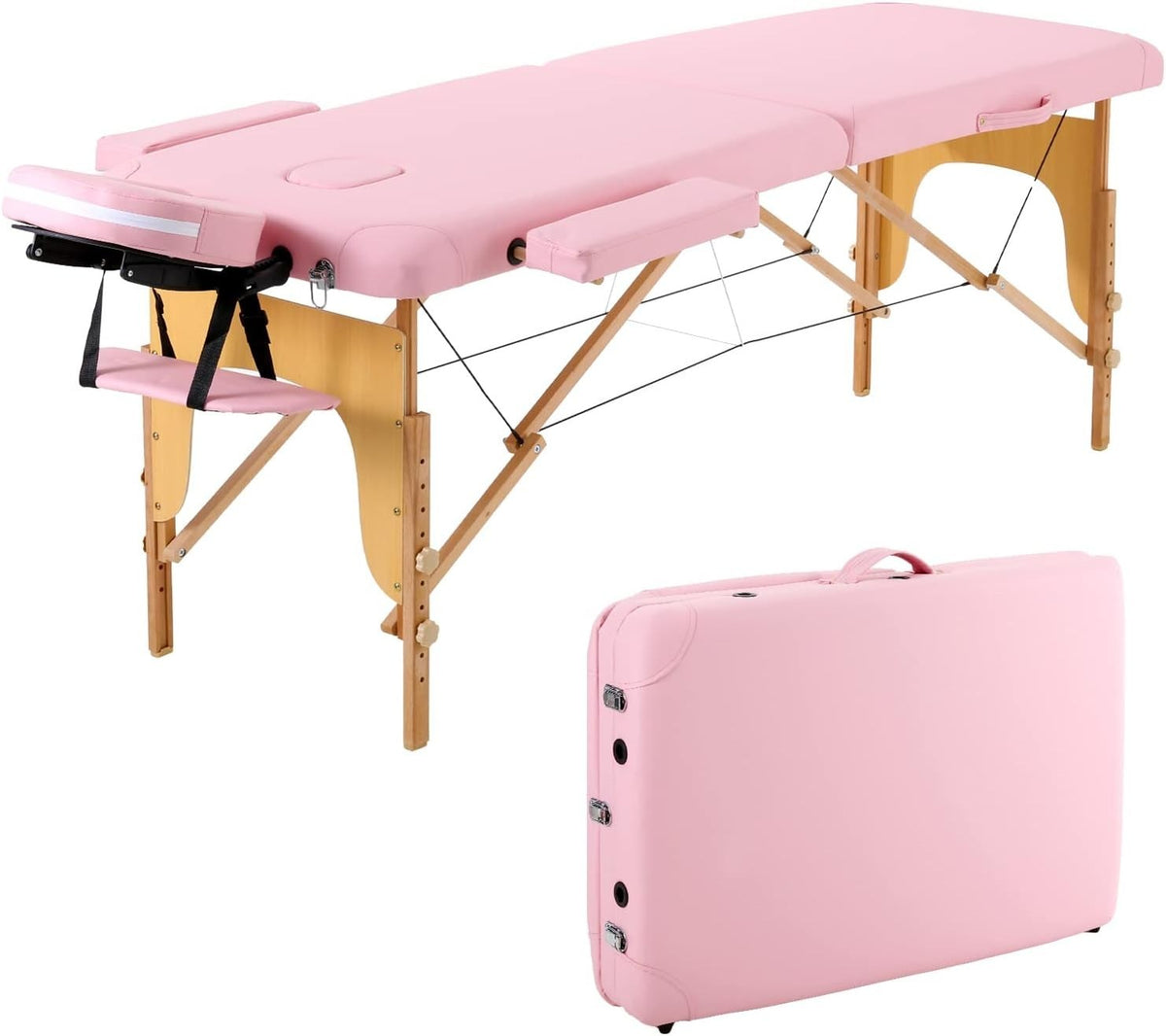 Portable Massage Table Foldable Wooden Adjustable Therapy Bed Tattoo Pink