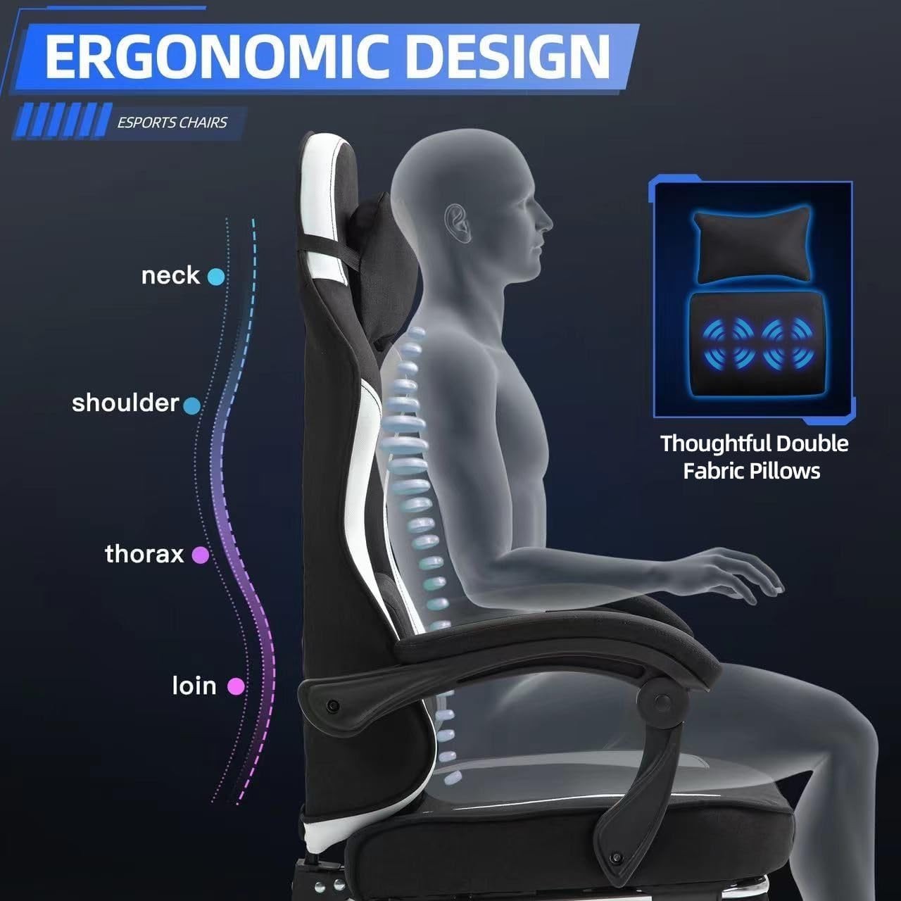 Ergonomic Black Gaming Chair Massage Lumbar Support Adjustable Reclining Footres