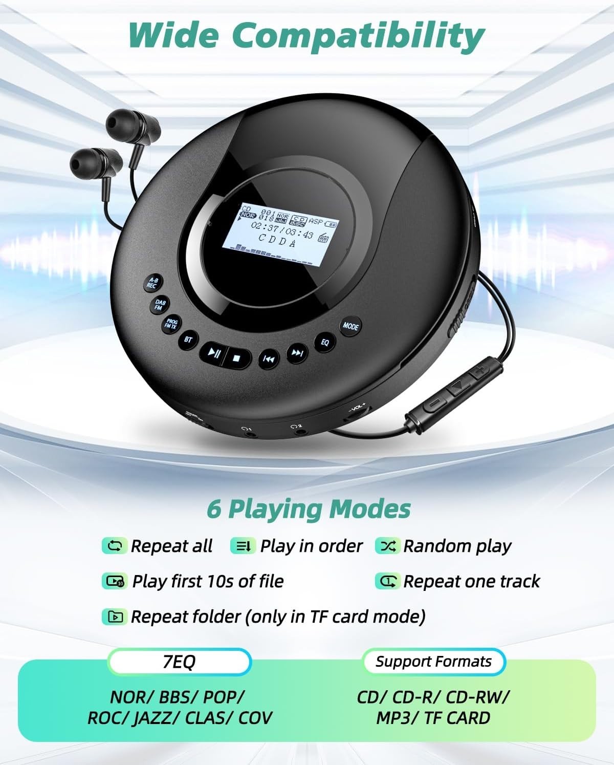 Portable CD Player DAB+ FM Bluetooth 5.2 Discman 2000mAh Rechargeable