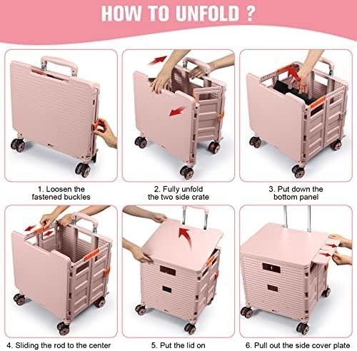 Heavy Duty Folding Shopping Cart 55kg Trolley 360° Wheels Foldable Pink