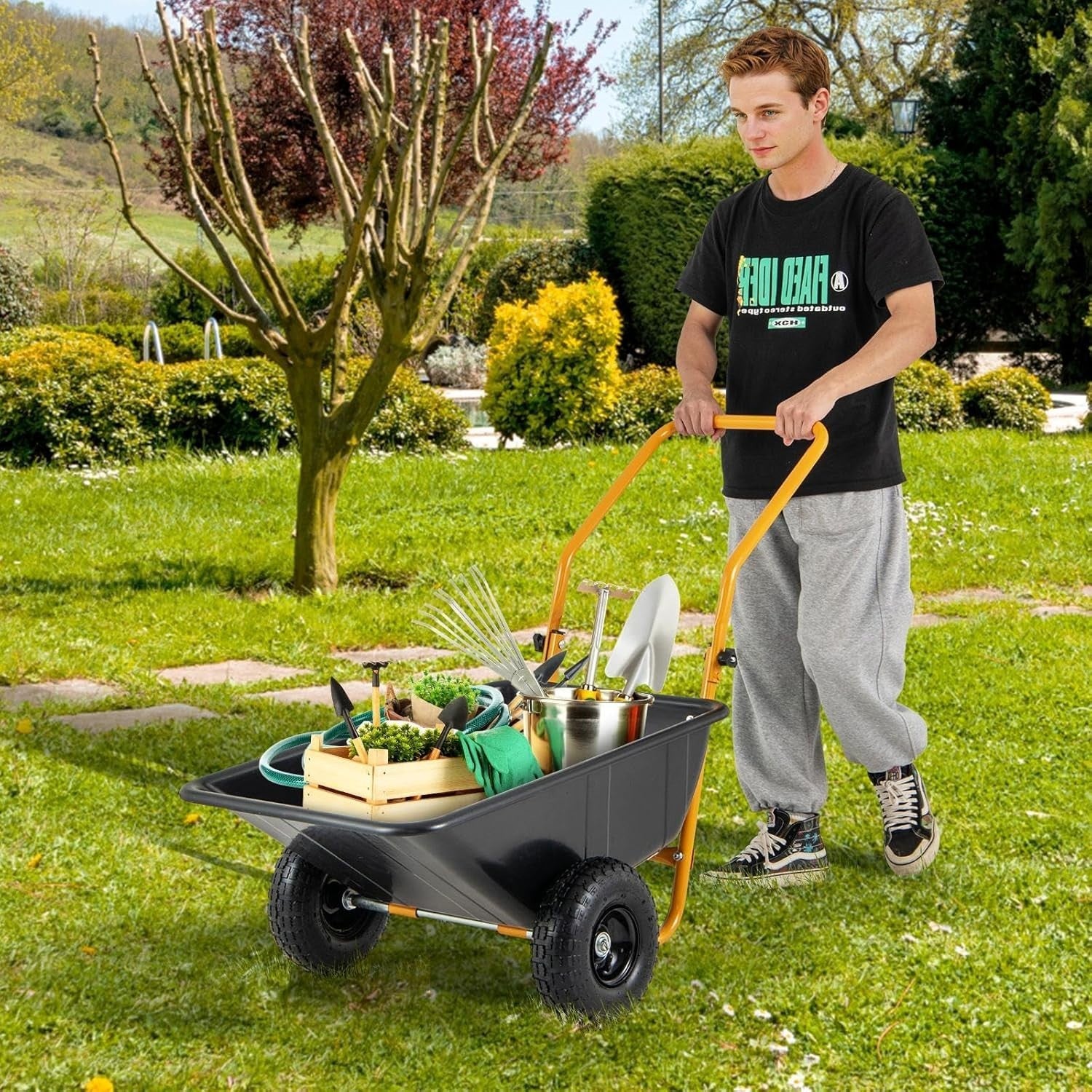 80L 2-Wheel Garden Wheelbarrow & Black Heavy Duty Cart w/ 100kg Load Capacity