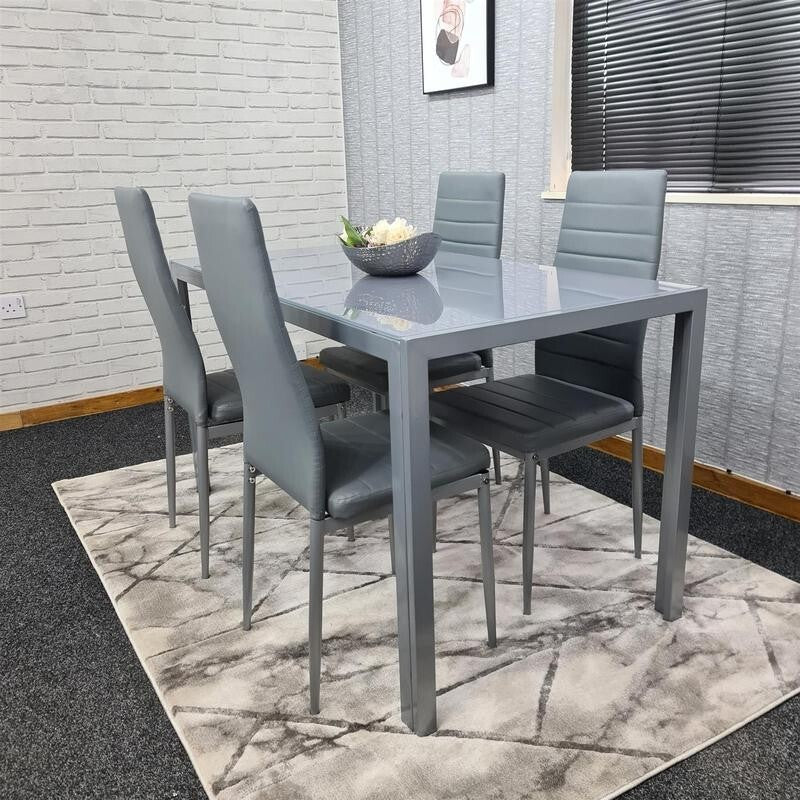 Grey Glass Dining Table Set with 4 Leather Chairs Modern Kitchen Furniture