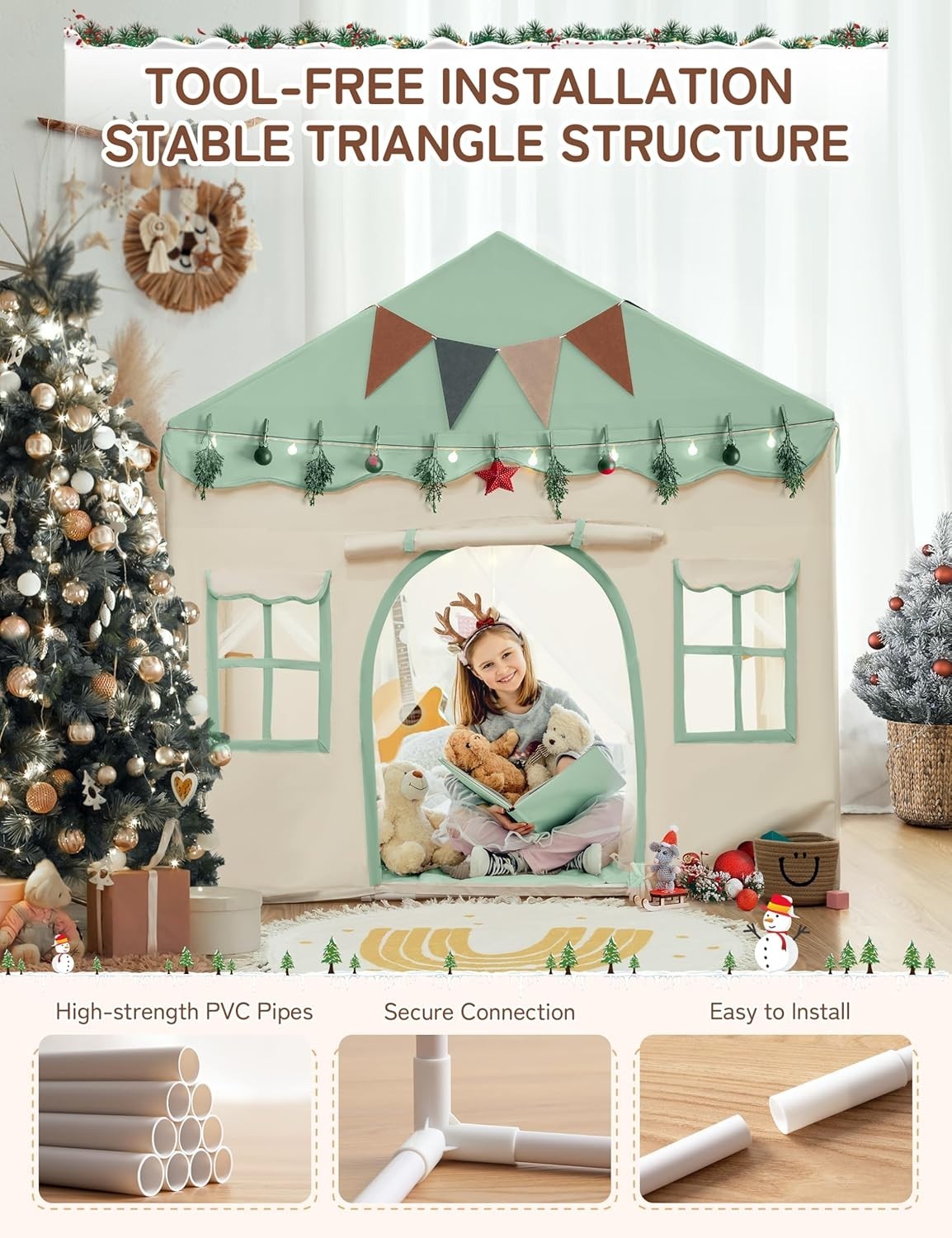 Kids 2in1 Playhouse Tent Bed Canopy with Lights Padded Indoor Green