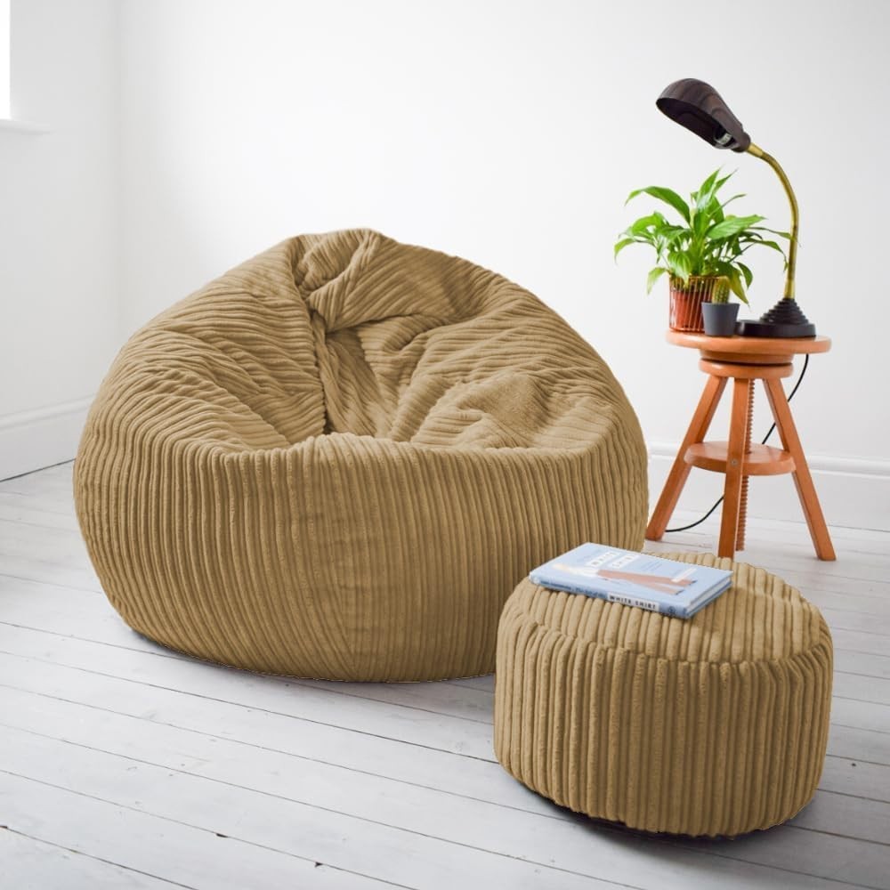 Large Corduroy Bean Bag Chair with Filling - Machine Washable, Durable