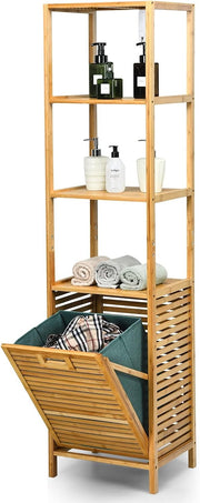 Tall Bamboo Laundry Hamper with 3 Shelves & Tilt-Out Basket | 40×33×160cm