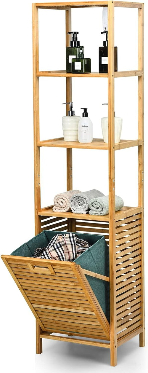 Tall Bamboo Laundry Hamper with 3 Shelves & Tilt-Out Basket | 40×33×160cm