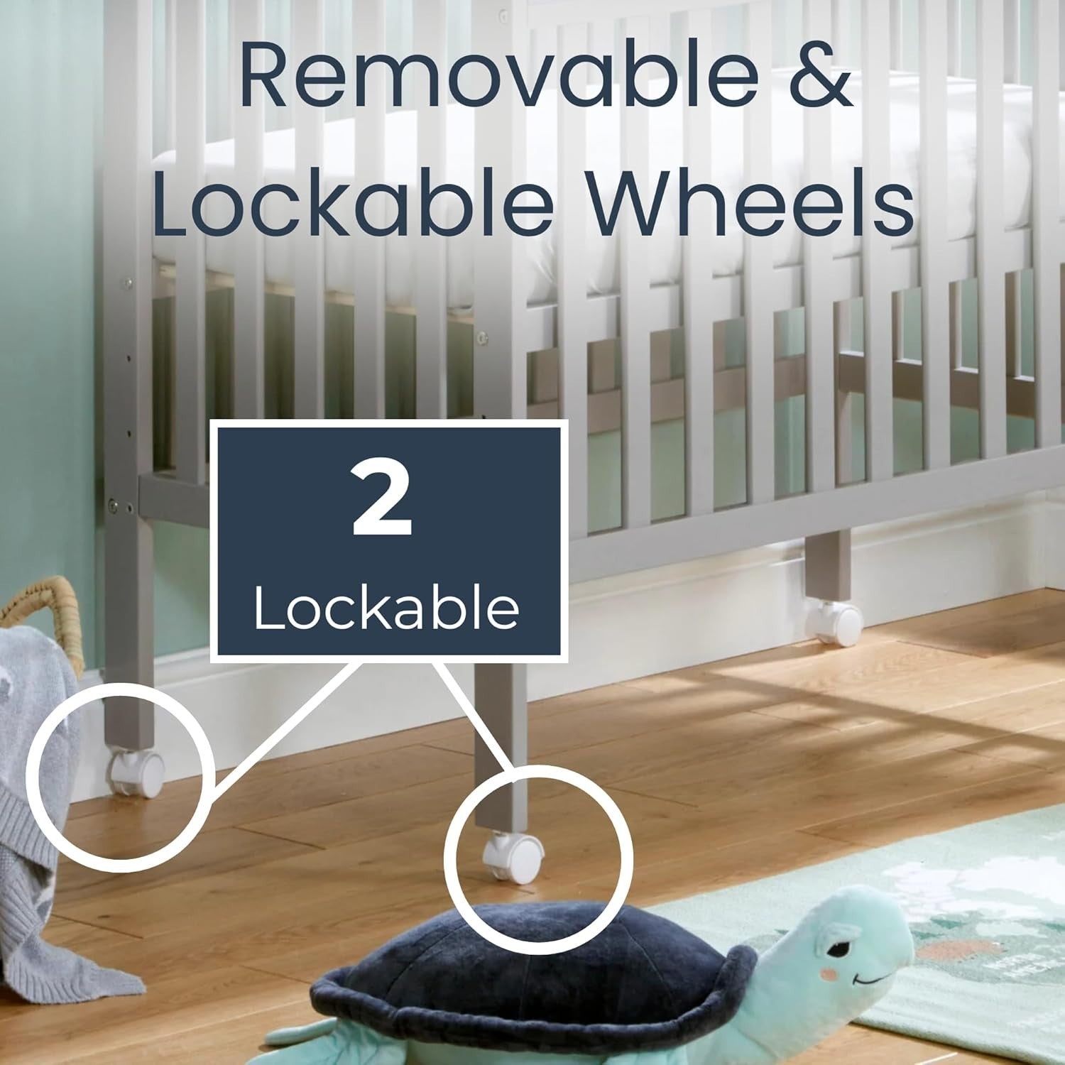 Space Saver Baby Cot Bed Adjustable Height with Wheels White Compact Crib Grey