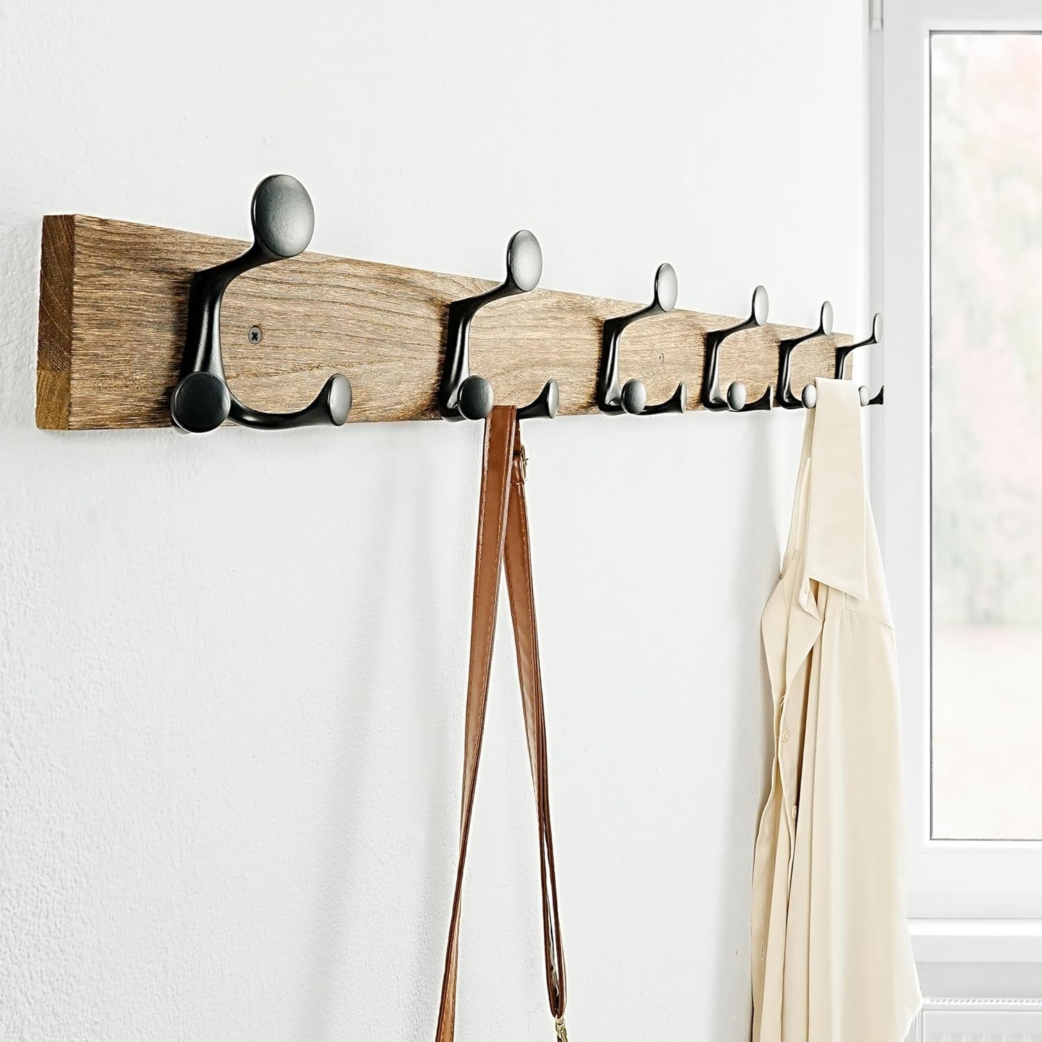 Wood Burnt Wall Coat Rack 6 Triple Hooks | 99cm Rustic Hanging Rail
