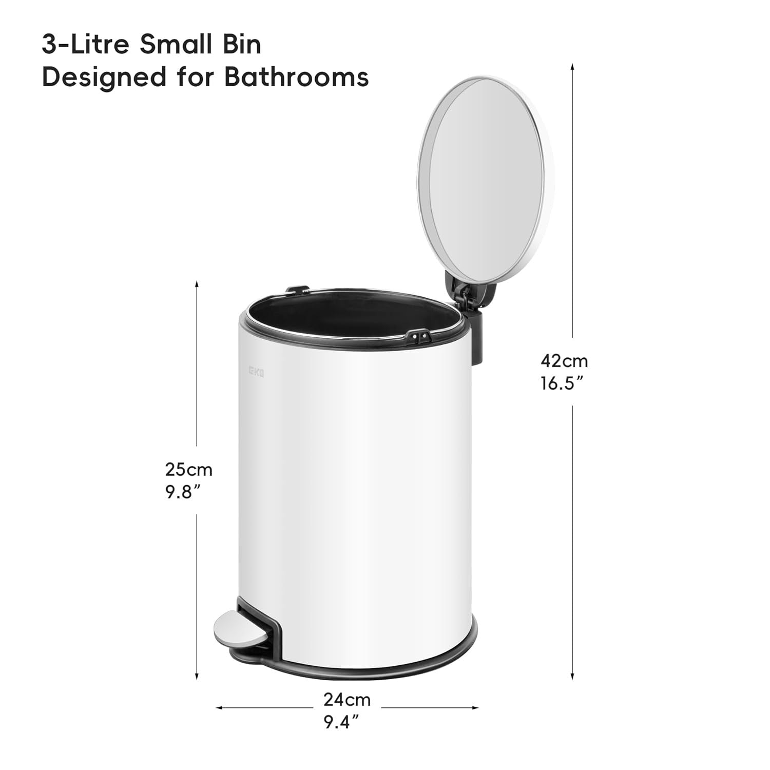 3L White Stainless Steel Pedal Bin Small Bathroom Bedroom Trash