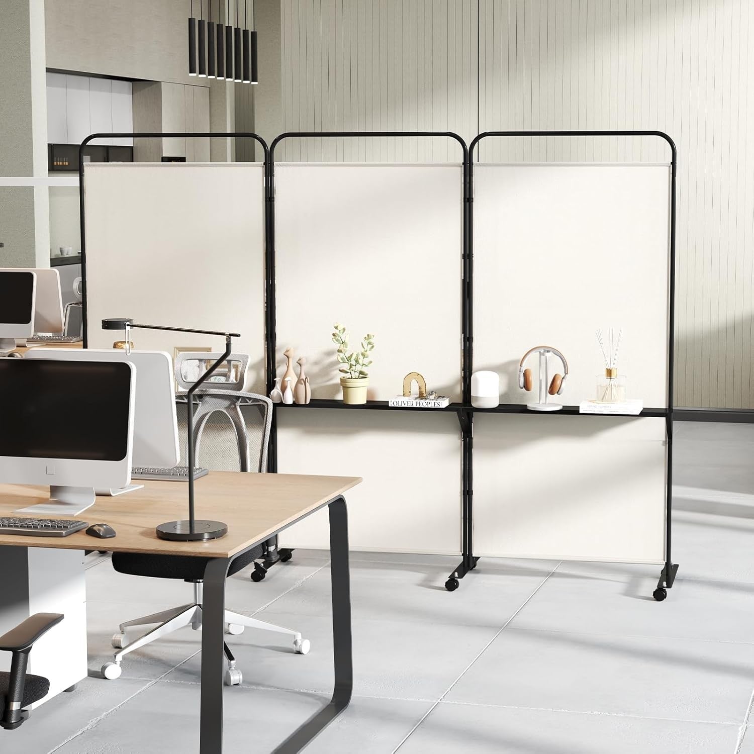 3 Panel White Folding Room Divider with Shelves & Wheels Privacy Screen 188cm