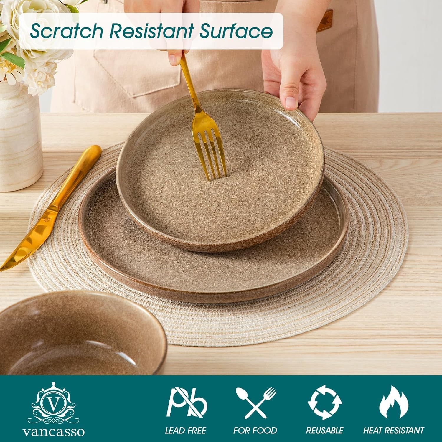 18pc Ceramic Dinner Set Caramel Plates Bowls Microwave Dishwasher Safe